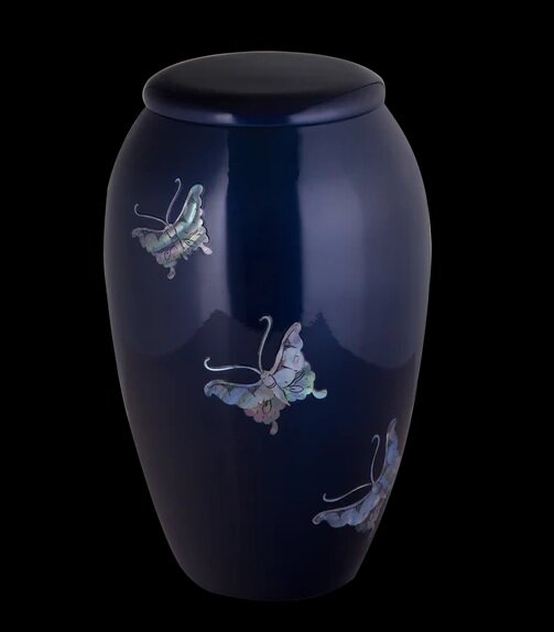 Blue Mother of Pearl Butterfly Inlay Urn